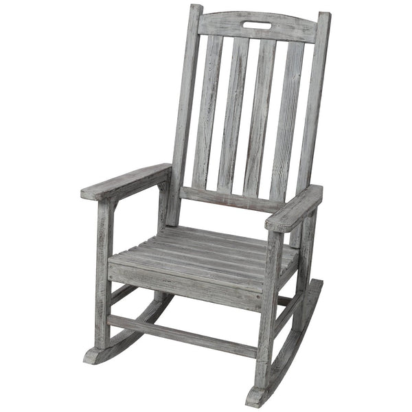 English Elm Wooden High Back Fir Porch Rocker with Wide Contoured Seat for Indoor Outdoor Use Light Gray W465P255394