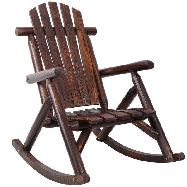 English Elm Wooden Fir Log Porch Rocking Chair with Fan Back Support for Outdoor Patio Relaxation Brown W465P255395