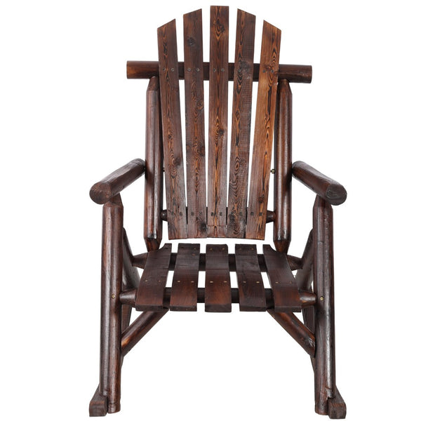 English Elm Wooden Fir Log Porch Rocking Chair with Fan Back Support for Outdoor Patio Relaxation Brown W465P255395