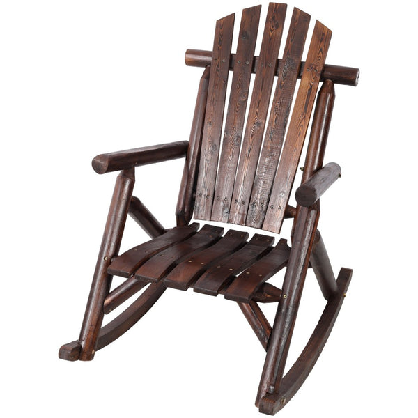 English Elm Wooden Fir Log Porch Rocking Chair with Fan Back Support for Outdoor Patio Relaxation Brown W465P255395