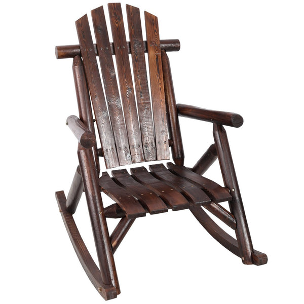 English Elm Wooden Fir Log Porch Rocking Chair with Fan Back Support for Outdoor Patio Relaxation Brown W465P255395