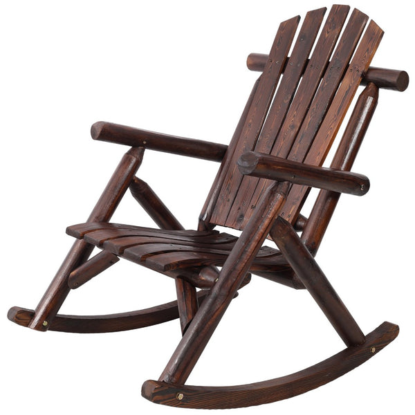 English Elm Wooden Fir Log Porch Rocking Chair with Fan Back Support for Outdoor Patio Relaxation Brown W465P255395