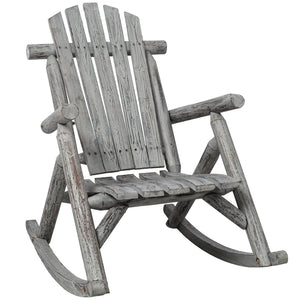 English Elm Wooden Fir Log Porch Rocking Chair with Fan Back Support for Outdoor Patio Relaxation Light Gray W465P255396