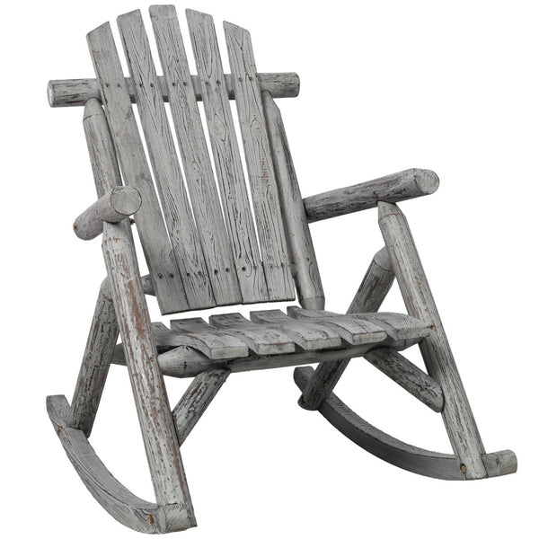 English Elm Wooden Fir Log Porch Rocking Chair with Fan Back Support for Outdoor Patio Relaxation Light Gray W465P255396