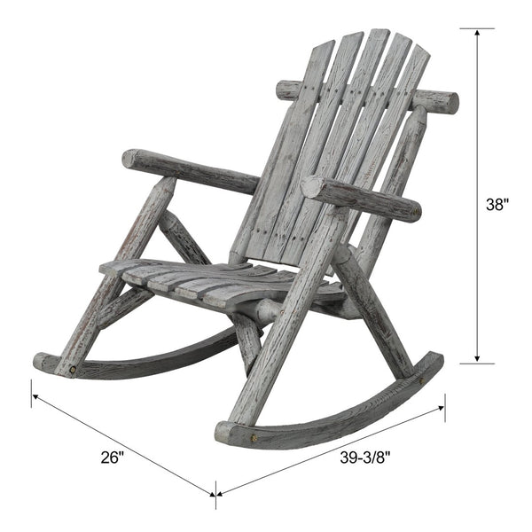 English Elm Wooden Fir Log Porch Rocking Chair with Fan Back Support for Outdoor Patio Relaxation Light Gray W465P255396