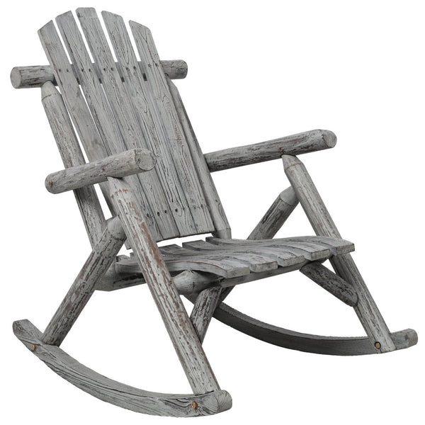 English Elm Wooden Fir Log Porch Rocking Chair with Fan Back Support for Outdoor Patio Relaxation Light Gray W465P255396