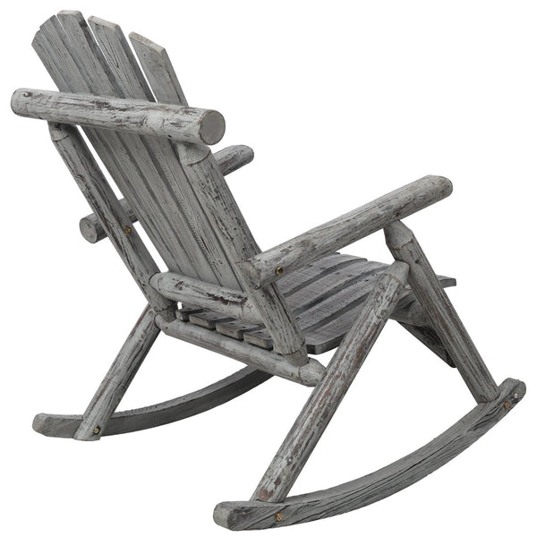 English Elm Wooden Fir Log Porch Rocking Chair with Fan Back Support for Outdoor Patio Relaxation Light Gray W465P255396
