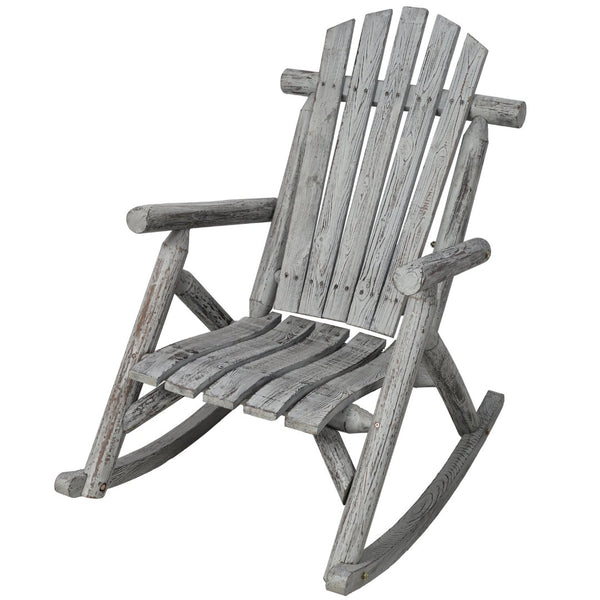 English Elm Wooden Fir Log Porch Rocking Chair with Fan Back Support for Outdoor Patio Relaxation Light Gray W465P255396