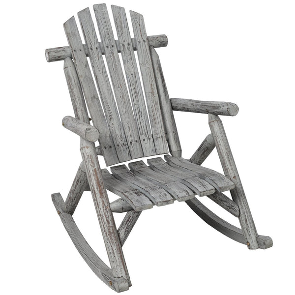 English Elm Wooden Fir Log Porch Rocking Chair with Fan Back Support for Outdoor Patio Relaxation Light Gray W465P255396