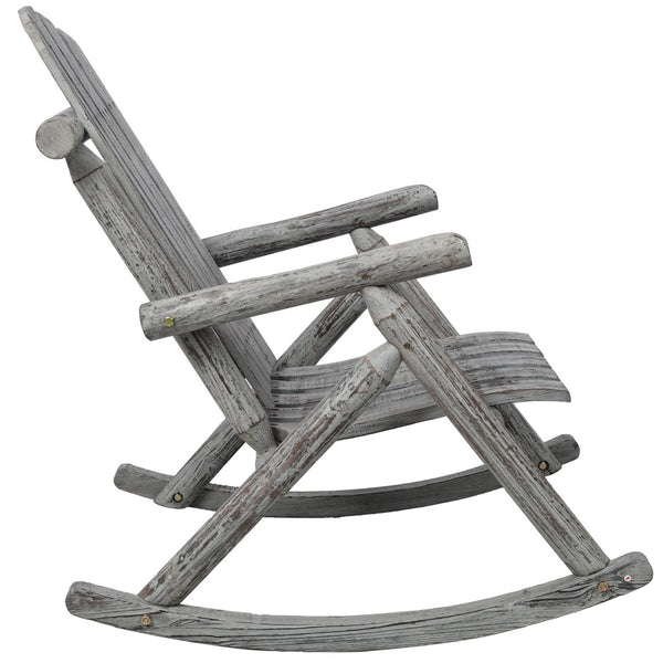 English Elm Wooden Fir Log Porch Rocking Chair with Fan Back Support for Outdoor Patio Relaxation Light Gray W465P255396