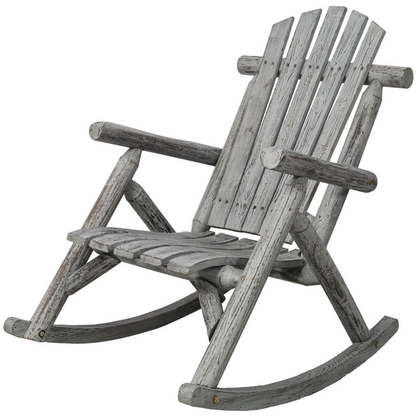 English Elm Wooden Fir Log Porch Rocking Chair with Fan Back Support for Outdoor Patio Relaxation Light Gray W465P255396