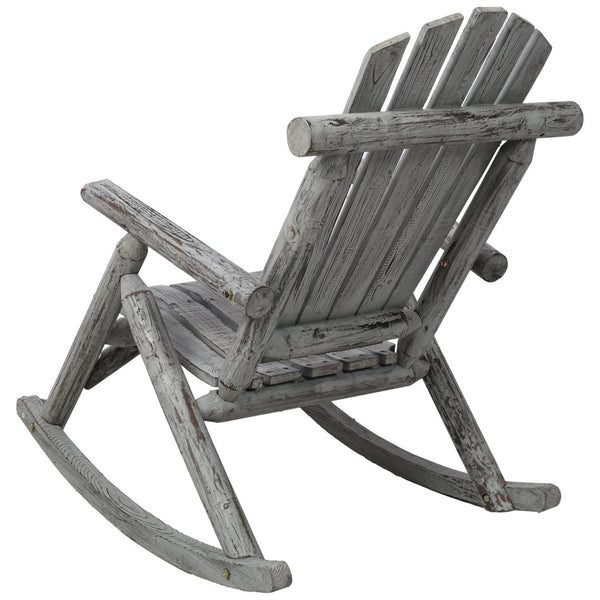 English Elm Wooden Fir Log Porch Rocking Chair with Fan Back Support for Outdoor Patio Relaxation Light Gray W465P255396