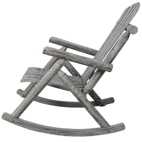 English Elm Wooden Fir Log Porch Rocking Chair with Fan Back Support for Outdoor Patio Relaxation Light Gray W465P255396