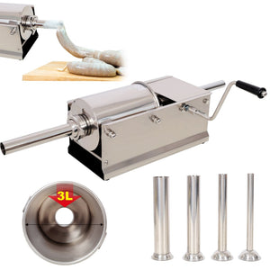 English Elm 3l/7lbs Horizontal Sausage Stuffer Stainless Steel Manual Machine with 4 Nozzles W465P320404