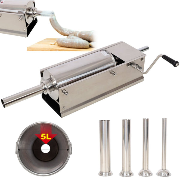 English Elm 5l/11lbs Horizontal Sausage Stuffer Stainless Steel Manual Press with Four Stuffing Tubes W465P320406