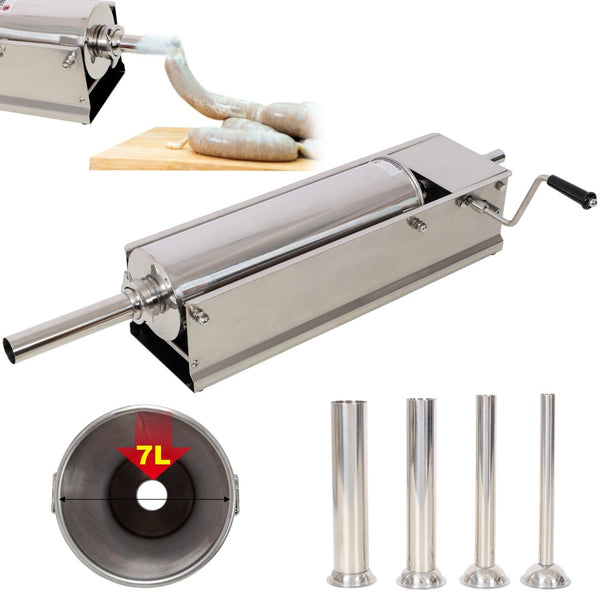 English Elm 7l/15lbs Horizontal Stainless Steel Sausage Stuffer Manual with Four Filling Nozzles W465P320411
