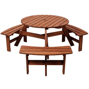 English Elm Wooden Round Fir Kids Picnic Table with Three Built-in Benches and Umbrella Hole W465P360977