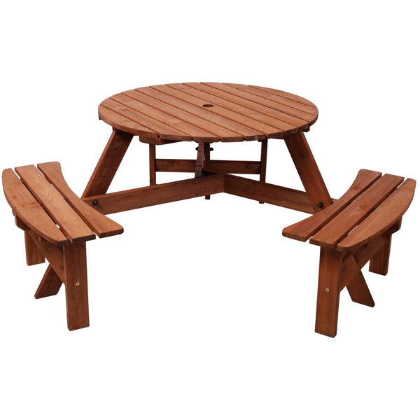 English Elm Wooden Round Fir Kids Picnic Table with Three Built-in Benches and Umbrella Hole W465P360977
