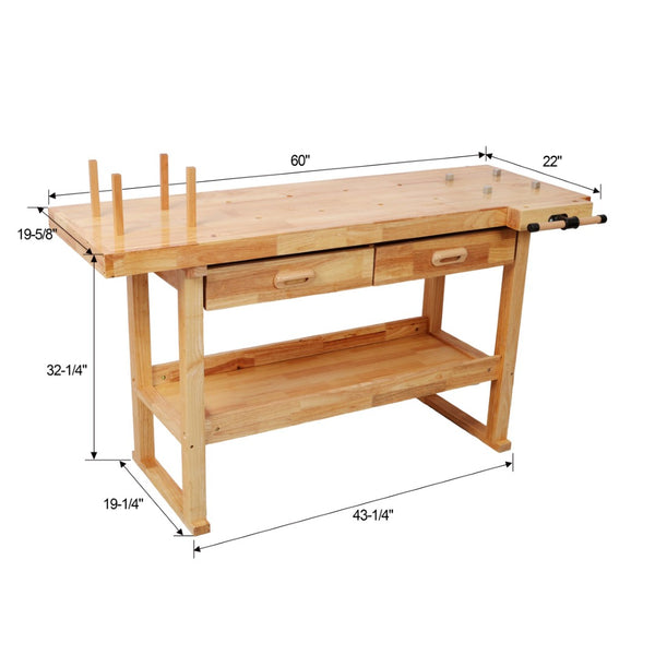 English Elm 60 Inch Rubberwood Workbench with Two Drawers Open Shelf Heavy Duty Workshop Station W465P366592
