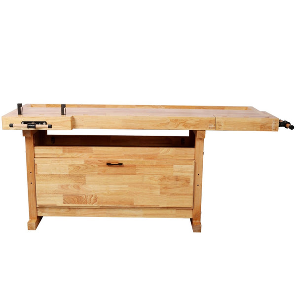 English Elm Heavy-Duty Hevea Butcher Block Workbench with Dual Vises and Cabinet Tool Storage W465P366623