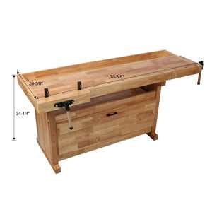 English Elm Heavy-Duty Hevea Butcher Block Workbench with Dual Vises and Cabinet Tool Storage W465P366623