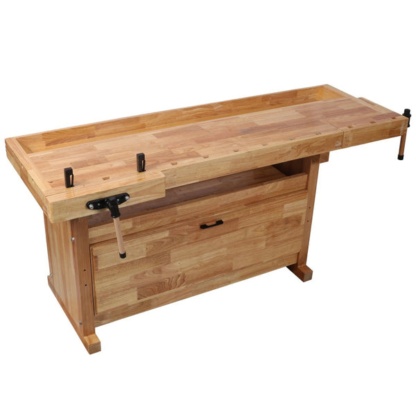 English Elm Heavy-Duty Hevea Butcher Block Workbench with Dual Vises and Cabinet Tool Storage W465P366623