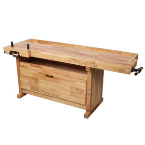 English Elm Heavy-Duty Hevea Butcher Block Workbench with Dual Vises and Cabinet Tool Storage W465P366623