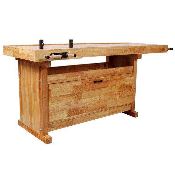 English Elm Heavy-Duty Hevea Butcher Block Workbench with Dual Vises and Cabinet Tool Storage W465P366623