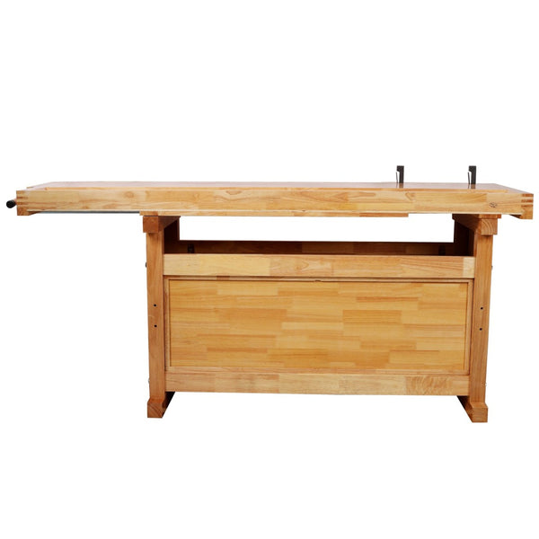 English Elm Heavy-Duty Hevea Butcher Block Workbench with Dual Vises and Cabinet Tool Storage W465P366623