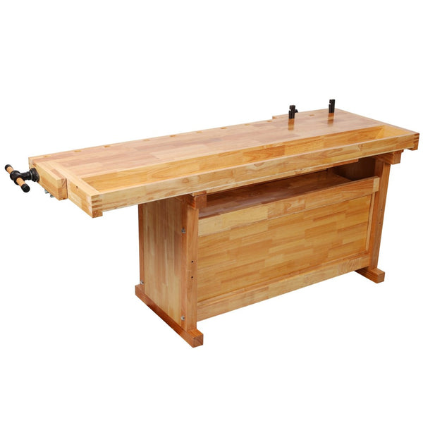 English Elm Heavy-Duty Hevea Butcher Block Workbench with Dual Vises and Cabinet Tool Storage W465P366623