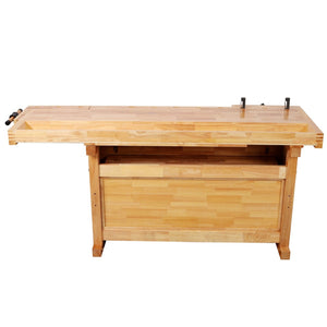 English Elm Heavy-Duty Hevea Butcher Block Workbench with Dual Vises and Cabinet Tool Storage W465P366623