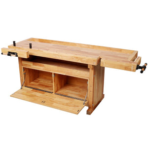 English Elm Heavy-Duty Hevea Butcher Block Workbench with Dual Vises and Cabinet Tool Storage W465P366623