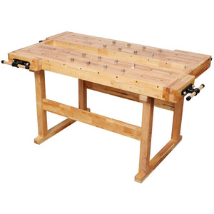 English Elm Solid Hevea Butcher Block Workbench with Twin Vises and Dog Holes for Workshops W465P366631