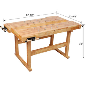English Elm Solid Hevea Butcher Block Workbench with Twin Vises and Dog Holes for Workshops W465P366631