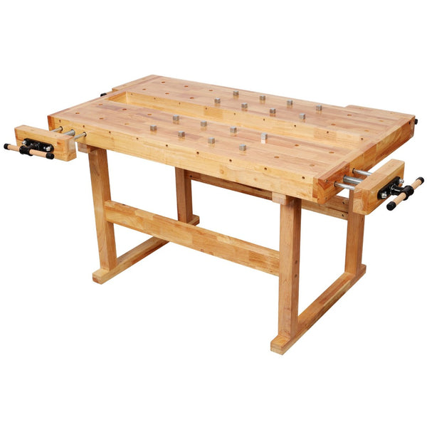 English Elm Solid Hevea Butcher Block Workbench with Twin Vises and Dog Holes for Workshops W465P366631