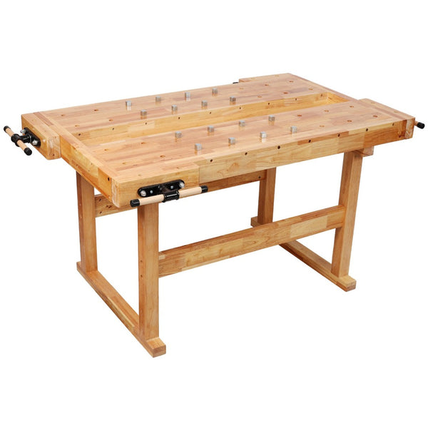 English Elm Solid Hevea Butcher Block Workbench with Twin Vises and Dog Holes for Workshops W465P366631