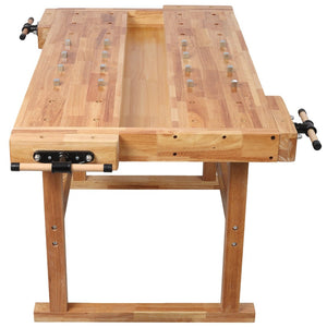 English Elm Solid Hevea Butcher Block Workbench with Twin Vises and Dog Holes for Workshops W465P366631