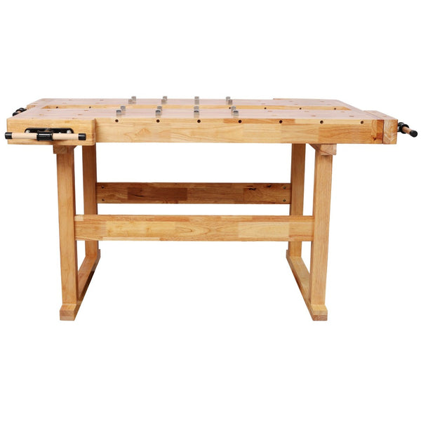 English Elm Solid Hevea Butcher Block Workbench with Twin Vises and Dog Holes for Workshops W465P366631