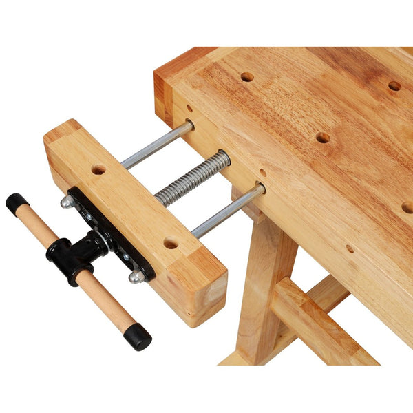English Elm Solid Hevea Butcher Block Workbench with Twin Vises and Dog Holes for Workshops W465P366631