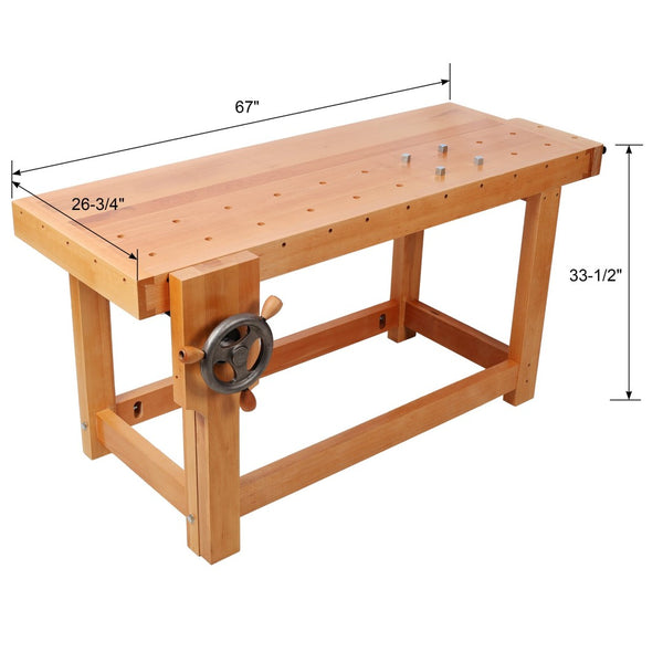 English Elm 67"solid Rubberwood Workbench Butcher Block Top with Vise and Bench Dog Holes W465P366633
