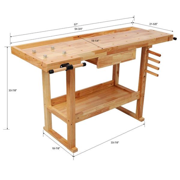 English Elm 55" Solid Rubberwood Workbench with Storage Drawers and Shelving for Garage Workshop W465P366634