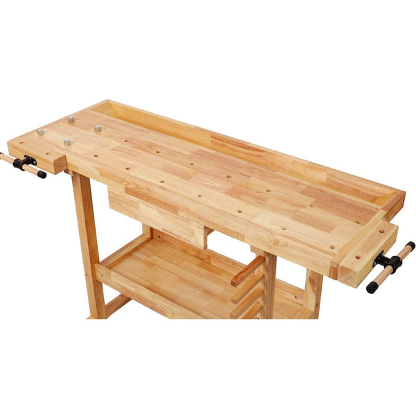 English Elm 55" Solid Rubberwood Workbench with Storage Drawers and Shelving for Garage Workshop W465P366634