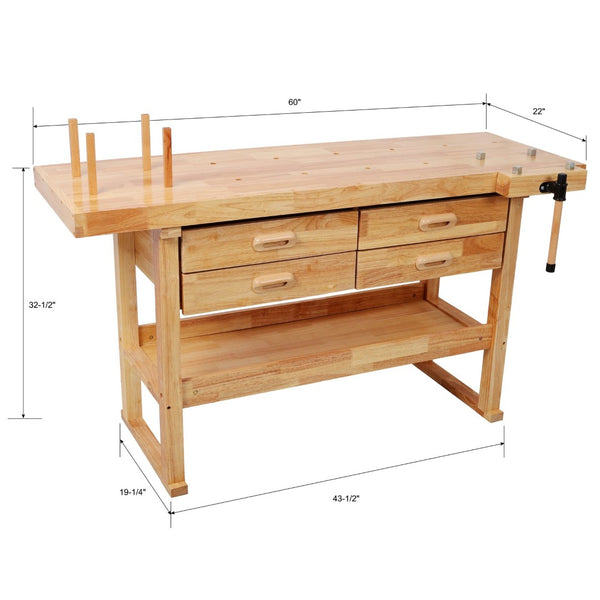 English Elm 60-Inch Rubberwood Garage Workbench with Four Drawers and 330Lb Heavy Duty Capacity W465P366638