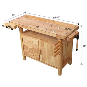 English Elm 50" Rubberwood Workbench with 3 Drawers Cabinet and Open Shelf for Garage Workshop W465P366640