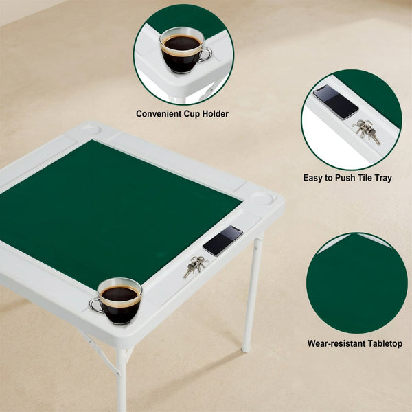 English Elm Square Folding Game Table with Green Felt Top Cup Holders and Chip Trays for 4 Players W465P367355