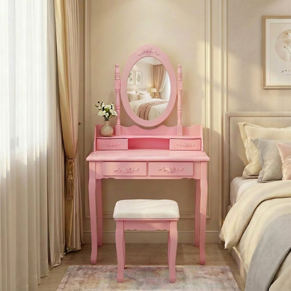 English Elm Pink Girls Vanity Desk with Swivel Mirror Cushioned Stool and Four Drawer MDF Storage W465P391679