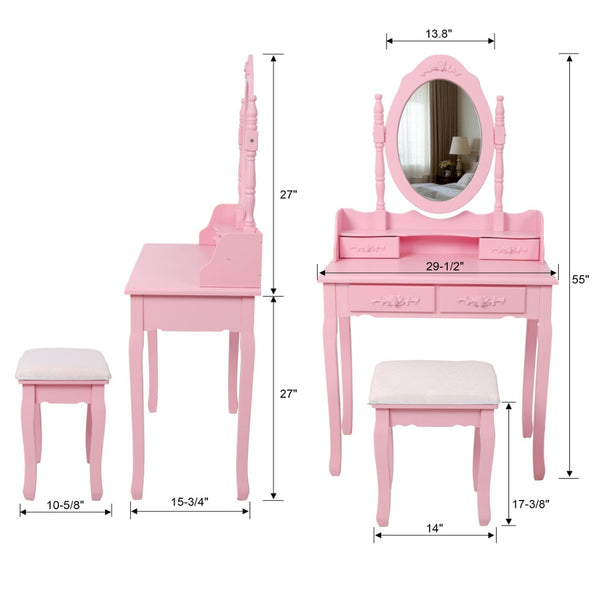 English Elm Pink Girls Vanity Desk with Swivel Mirror Cushioned Stool and Four Drawer MDF Storage W465P391679