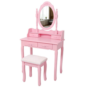 English Elm Pink Girls Vanity Desk with Swivel Mirror Cushioned Stool and Four Drawer MDF Storage W465P391679