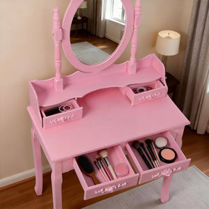 English Elm Pink Girls Vanity Desk with Swivel Mirror Cushioned Stool and Four Drawer MDF Storage W465P391679