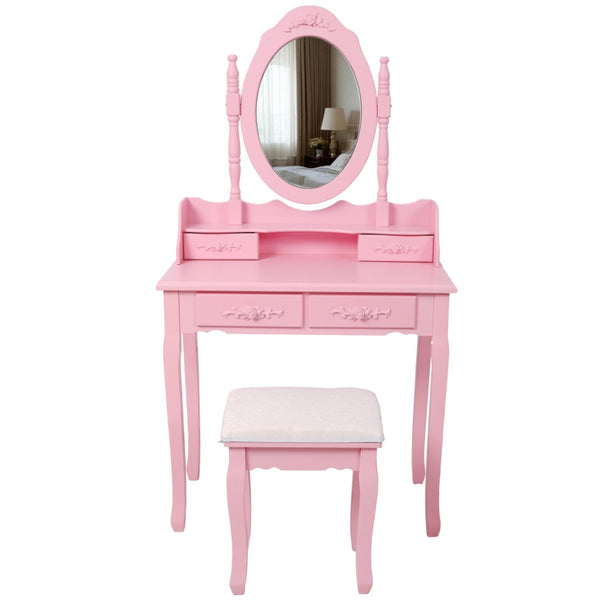English Elm Pink Girls Vanity Desk with Swivel Mirror Cushioned Stool and Four Drawer MDF Storage W465P391679